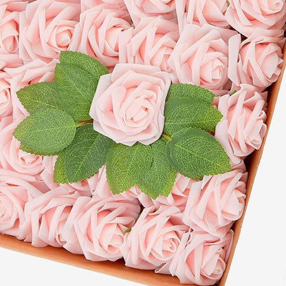 60Pcs Artificial Rose Flowers, Real Looking Fake Roses for Decorations, Foam Rose Bulk with Stems for DIY Wedding Bouquets Floral Arrangements Bridal Shower Party Home Decor (60, Pink)