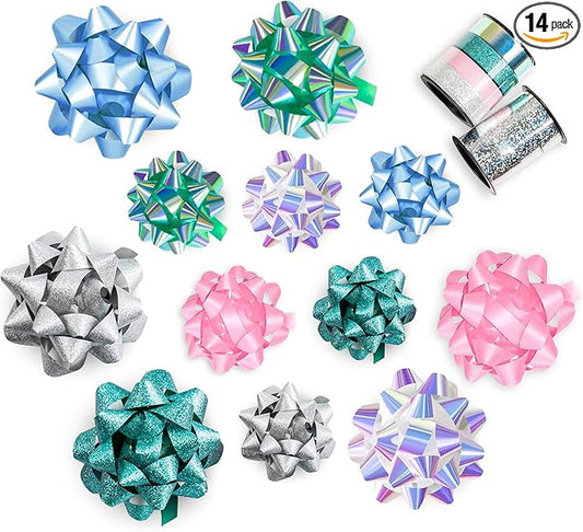 WRAPAHOLIC 14 Pcs Gift Bows Assortment - 12 Multi Colored Assorted Size Gift Bows (Silver, Green, White, Pink, Blue) and 2 Crimped Curling Ribbons, Perfect for Christmas, Holiday, Party