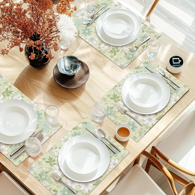 Cotton Linen Waterproof Placemats Set of 4, Sage Green Floral Dining Mat Table Mats Decor Fabric for Kitchen Dinner Coffee Shop Table, Indoor/Outdoor Washable Wipeable Placemat -N028