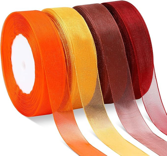 DECYOOL 4 Rolls 200 Yards Fall Organza Ribbons for Gift Wrapping, 4/5" Wide Thanksgiving Autumn Sheer Chiffon Ribbon for Wreath Bows Bouquet DIY Crafts and Party Home Decoration