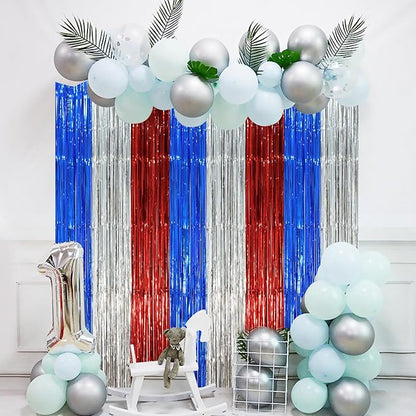 2 Pack Blue Red Silver Foil Fringe Backdrop Curtains, Tinsel Streamers Party Decorations, Fringe Backdrop, Door Shimmer for Independence Day or Birthday Party
