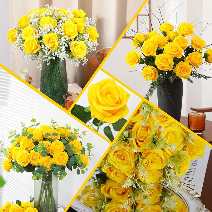 50PCS Artificial Silk Roses in Bulk & Bouquet Long Stem – Realistic Fake Roses for Wedding Centerpieces, Home Decor, Floral Arrangements, Party Decoration (Yellow)