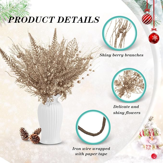 30 Pcs Artificial Christmas Tree Picks and Sprays Glitter Berry Stem Branches Holly Floral Picks Twigs Christmas Tree Ornaments for DIY Xmas Wreath Vase Filler Decorations(Champagne)