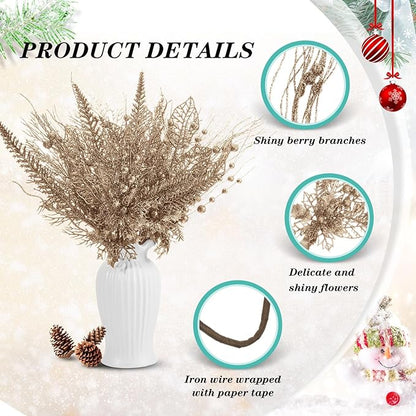 30 Pcs Artificial Christmas Tree Picks and Sprays Glitter Berry Stem Branches Holly Floral Picks Twigs Christmas Tree Ornaments for DIY Xmas Wreath Vase Filler Decorations(Champagne)