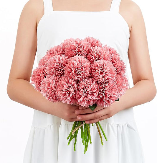 SITUMEIZI 12 Pcs Pink Artificial Chrysanthemums Flowers Ball Flower Fake Mums Silk for Wedding Home Kitchen Decoration Floral Arrangement