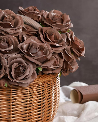 DuHouse 10pcs Fake Roses Artificial Silk Flowers Long Stems Bouquet for Arrangement Wedding Centerpiece Party Home Kitchen Decor(Mocha Brown)
