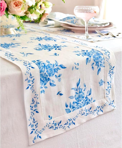 Solino Home Blue Floral Print Table Runner 60 inch - 100% Pure Linen Table Runner 14 x 60 Inch - Handcrafted and Machine Washable - Jolie Fleur Print