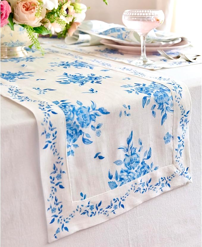 Solino Home Blue Floral Print Table Runner 120 Inches Long - 100% Pure Linen Table Runner 14 x 120 Inch - Handcrafted and Machine Washable - Jolie Fleur Print