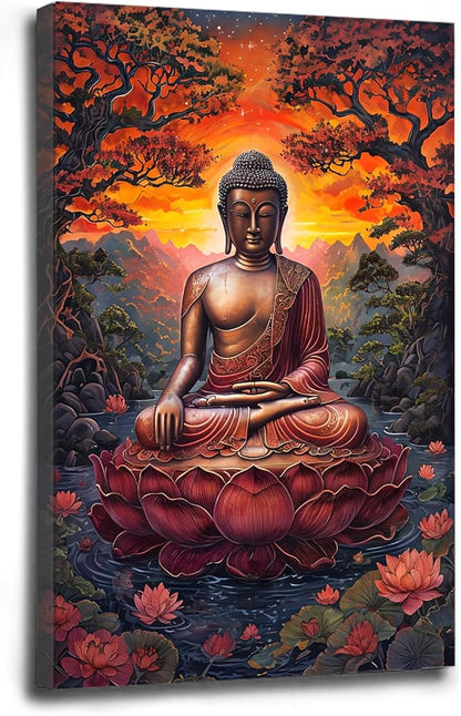 Golden Buddha on lotus seat serene meditation statue amidst lush trees flowing water and sunrise light spiritual home art for a tranquil decor 24x36in Wood Framed