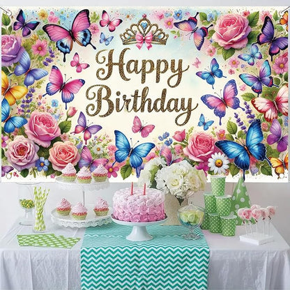 Happy Birthday Backdrop Butterfly Floral Banner Crown Decorations Photography Background for Women Girls Princess Supplies Cake Table Photo Shoot Props 71 x 43 Inch