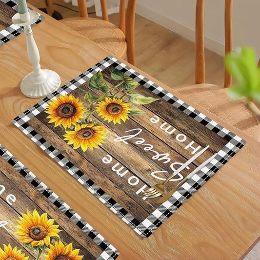 Farmhouse Sunflower Placemats Set of 4, Home Sweet Home Place Mats, Rustic Dining Table Mats, Washable Placemats for Kitchen Dining Room Home Decor 18L'' × 12W''