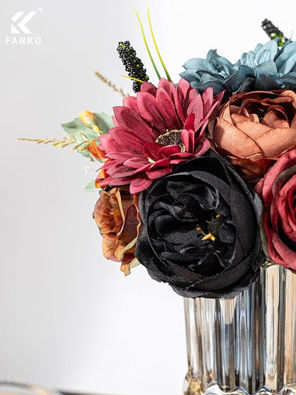 FANKO Artificial Flowers Black Rose: Mixed Fake Silk Flowers Combo Brown Rose Dusty Blue Dahlia Burgundy Sunflower Vintage for DIY Wedding Bridal Bouquets/Centerpieces/Home Decor