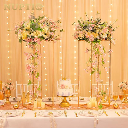 NUPTIO Metal Gold Vase Set for Wedding - 10 Pcs 31.5 inch Tall Cylinder & Square Vases for Centerpieces - Elegant Flower Stand for Party Tables Decorations