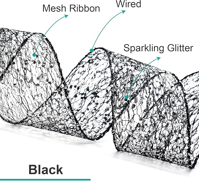 CT CRAFT LLC Sparkling Glitter Mesh Wired Ribbon 2.5" x 20 Yards Black for Christmas Home Decor Bow Gift Wrapping DIY Crafts Wreath