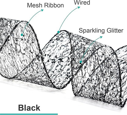 CT CRAFT LLC Sparkling Glitter Mesh Wired Ribbon 4" x 10 Yards Black for Christmas Home Decor Bow Gift Wrapping DIY Crafts Wreath