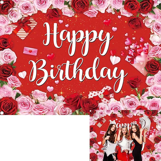 Rose Happy Birthday Backdrop for Women Red Pink Floral Birthday Photography Background Girl Flower Party Decorations Banner Booth Props (7x5FT(82 x 59 inch))