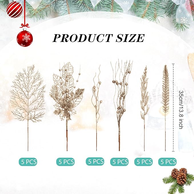 30 Pcs Artificial Christmas Tree Picks and Sprays Glitter Berry Stem Branches Holly Floral Picks Twigs Christmas Tree Ornaments for DIY Xmas Wreath Vase Filler Decorations(Champagne)
