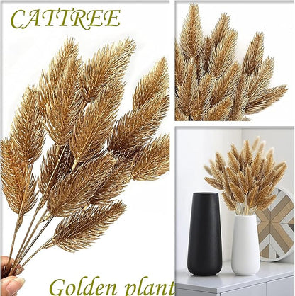 CATTREE Artificial Gold Plants Plastic Fake Grass Faux Shrubs Simulation Bushes Home Indoor Outdoor Garden Leaves Wedding Festival Decoration Hall Table Planter Filler Pine Cones Golden - 3 Pack