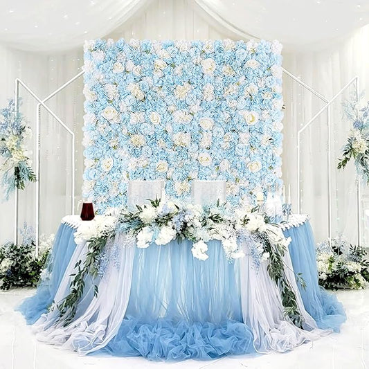 Blue Backdrop Artificial Flower Wall: 12 Packs 15x15 Inches Photo Backdrop Panels Silk Flower Wall for Wedding Party Baby Bridal Shower