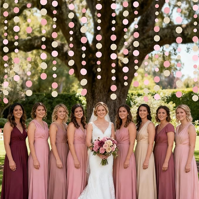 Champagne Gold Rose Pink Polka Dot Garland Champagne Dusty Pink Circle Dot Hanging Streamer Banner for Birthday Baby Shower Bridal Shower Wedding Engagement Retirement Boho Party Decorations Supplies