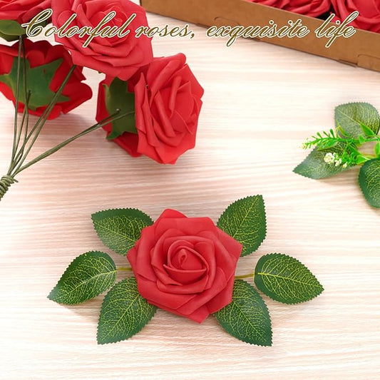 BLEUM CADE 36Pcs Artificial Flowers Fake Roses with Stems, Red Boxed Foam Roses for DIY Bouquets Centerpieces Wedding Party Arrangement Bridal Shower Decor