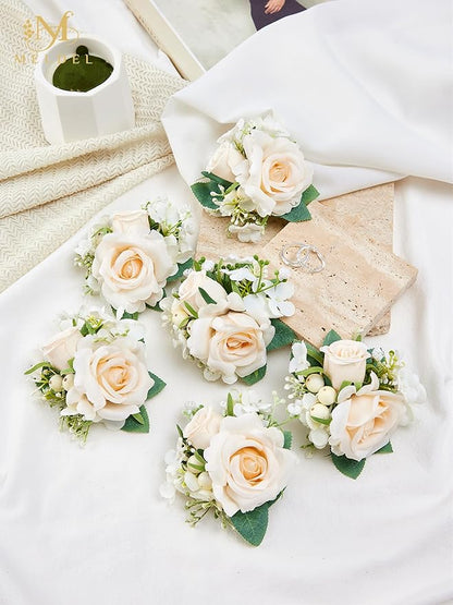 Meldel Champagne Pocket Boutonniere for Men Wedding,Set of 6,Groom Groomsman Boutonnieres Artificial Rose Hydrangea Berry Corsage for Prom Ceremony Party Homecoming