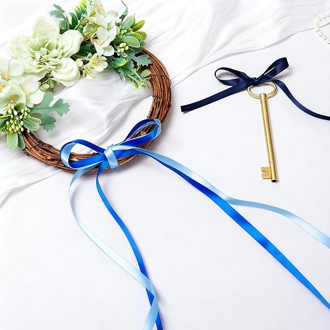 Blue Double Face Satin Ribbon 3/8 Inch x 45 Yards Baby Blue/Royal Blue/Navy Fabric Ribbon for Gift Wrapping, Flower Bouquets, Hair Bows Making, Wedding Decor, Invitation Cards (3 Rolls *15Yd)