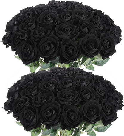 50Pcs Black Roses Artificial Flowers Fake Rose Faux Velvet Silk Flowers for Home Wedding Decoration (Pearl Roses, Pure Black)