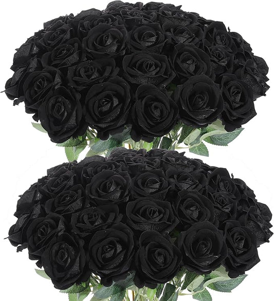 50Pcs Black Roses Artificial Flowers Fake Rose Faux Velvet Silk Flowers for Home Wedding Decoration (Pearl Roses, Pure Black)