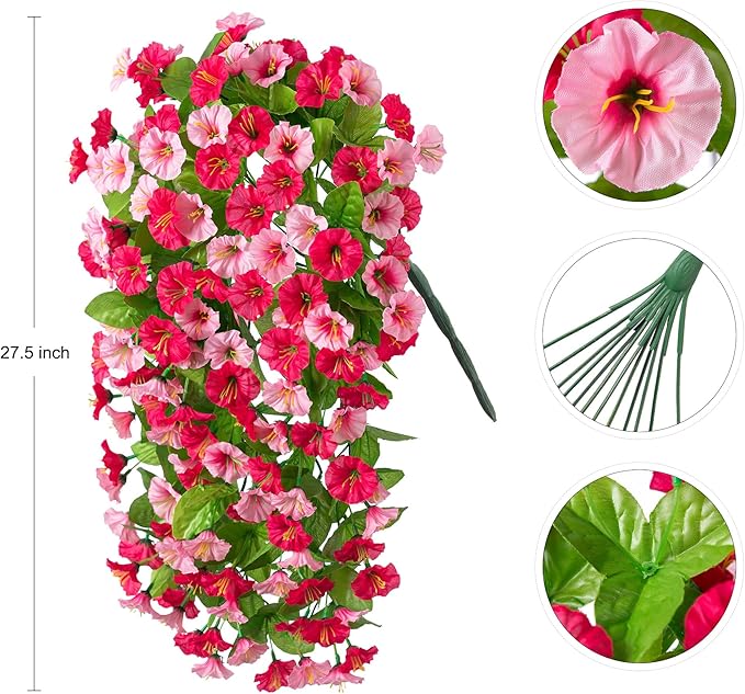 Artificial Fake Hanging Flowers Plants for Outdoor Decoration, 2PCS Faux Silk Morning Glory Long Vines Stems UV Resistant Look Real for Spring Summer Outside Home Porch Patio(Rose Red)