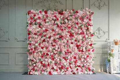 8x8ft(2 pcs of 4ftx8ft) Artificial Silk Fabric Flower Wall Cloth-Based Background 5D Pink Rose Fabric Rolling Up Floral Backdrop for Wedding Baby Shower Party and Home Decor
