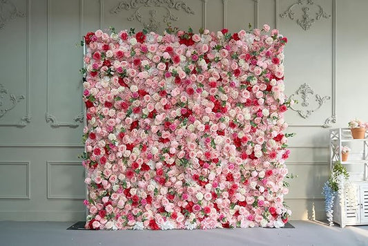 8x8ft(2 pcs of 4ftx8ft) Artificial Silk Fabric Flower Wall Cloth-Based Background 5D Pink Rose Fabric Rolling Up Floral Backdrop for Wedding Baby Shower Party and Home Decor