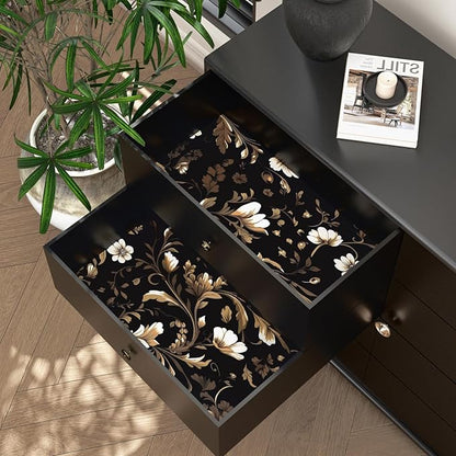 Vintage Wallpaper Peel and Stick Black Floral Wallpaper Black White Wall Paper Vintage Leaf Contact Paper Waterproof Self-Adhesive Wall Covering for Bedroom Countertop Desk Cabinet 17.4" x 393"