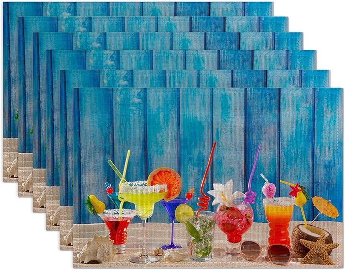 Colorful Tropical Cocktails at Beach on Blue Wood Placemats Set of 6 Place Mats for Kitchen Table Washable Farmhouse Linen Table Mats Dining Decoration 12x18 Inch