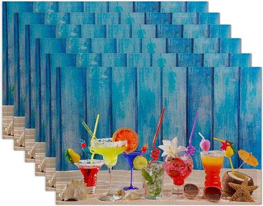 Colorful Tropical Cocktails at Beach on Blue Wood Placemats Set of 6 Place Mats for Kitchen Table Washable Farmhouse Linen Table Mats Dining Decoration 12x18 Inch