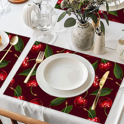 Cherry Table Mats Set of 6,Red Non-Slip Washable Placemats for Restaurant Home Kitchen Dinner Table 12x18Inch