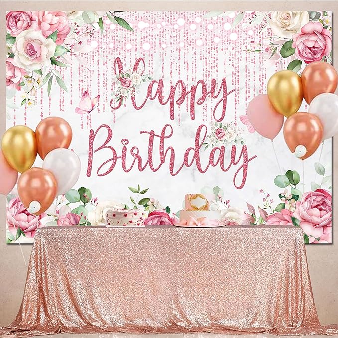 Rose Gold Birthday Backdrop - Floral Decorations, Glitter Blush Pink Flower Happy Birthday Banner for Women Girls Bday Party - Photography Background Photo Booth Supplies 10x7ft