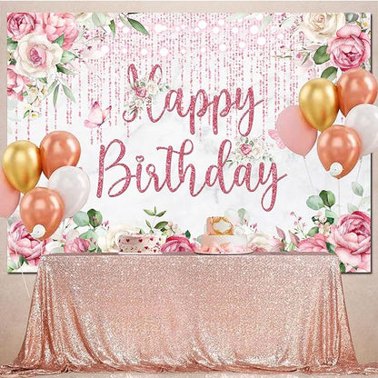 Rose Gold Birthday Backdrop - Floral Decorations, Glitter Blush Pink Flower Happy Birthday Banner for Women Girls Bday Party - Photography Background Photo Booth Supplies 10x7ft