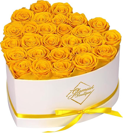 GLAMOUR BOUTIQUE Preserved Roses in a Box - Gifts for Her, Wife & Mom, Rose Flowers Forever Decor for Birthday Gift, Get Well Flower Bouquet Cased in White Box with Cover - Yellow - 27-Piece