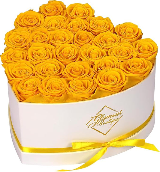 GLAMOUR BOUTIQUE Preserved Roses in a Box - Gifts for Her, Wife & Mom, Rose Flowers Forever Decor for Birthday Gift, Get Well Flower Bouquet Cased in White Box with Cover - Yellow - 27-Piece