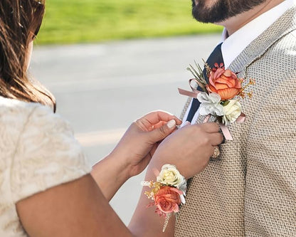 Corsage and Boutonniere Set Corsage Wistlet Terracotta Corsage Wrist Artificial Flower Perfert for Proms | Weddings for Bride,Bridesmaids, Groom,Groomsmen Decor (Terracotta)