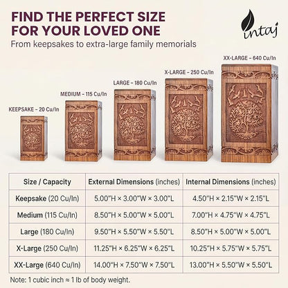 INTAJ Handcarved Wooden Cremation Urn for Human Ashes - Tree of Life Design, 250 lbs Capacity, Suitable for Adult Men and Women - Decorative Funeral Urn Box and Casket - Wooden Carved Box
