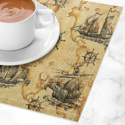 Nautical Themed Placemats Beach Vintage Map Boat Art Printed Dining Table Mats Set of 4 for Restaurant Home Kitchen Holiday Picnic Party Decor 12x18in