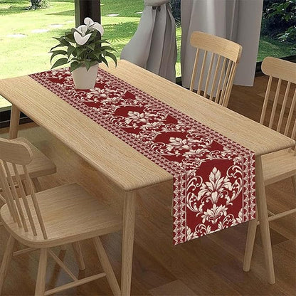 Damask Table Runner, Red Rustic Damask Antique Floral Retro Boho Art Pattern Linen Coffee Table Center Decor for Home Kitchen Dining Decorations Indoor Outdoor 13x108 inch