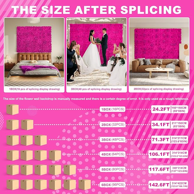 Artificial Flower Wall Backdrop 16PCs of 16.5x16.5 Inch Floral Wall Panels 3D Silk Rose Wall Decor for Weddind Stage Party Photo Background Home Decoration-Barbie Pink