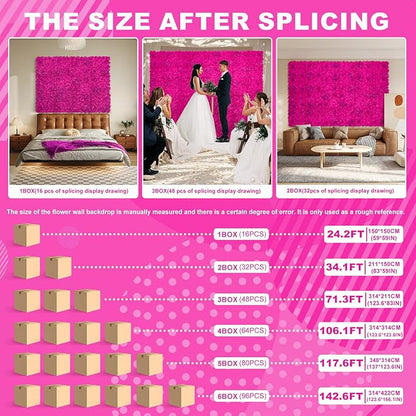 Artificial Flower Wall Backdrop 16PCs of 16.5x16.5 Inch Floral Wall Panels 3D Silk Rose Wall Decor for Weddind Stage Party Photo Background Home Decoration-Barbie Pink
