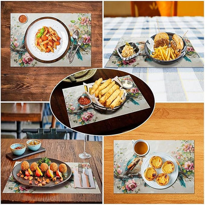Botanical Birds Placemats Set of 4 Bird Pictures Farmhouse Rustic Flower Kitchen Mats Waterproof Washable Table Mats for Kitchen Dining Decoration 4 PCS