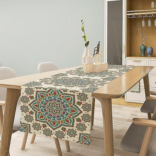 Boho Table Runner, Colorful Bohemian Mandala Geometric Floral Table Runner for Kitchen Dining Home Party Decoration, 13x120 Inch