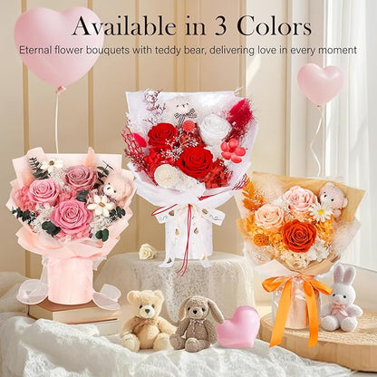 Preserved Flowers Bouquet with Bear, 3 Real Forever Flowers for Delivery, Long-Lasting Red Eteranl Roses Bouquet Birthday Gifts for Women Teenage Girls Girlfriend Mother Wife Her