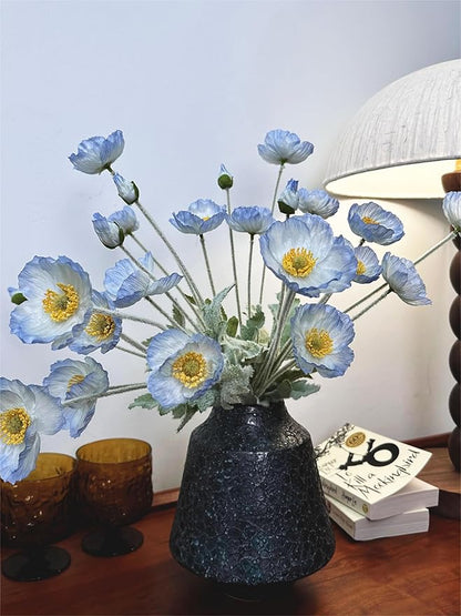 Set of 6 Light Blue Silk Poppy Flowers Artificial with Stems Silk Poppies Bouquet Faux Ranunculus Artificial Flowers for Wedding Party Home Office Indoor Decoration (Light Blue)